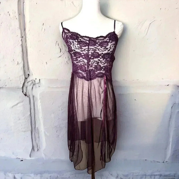 Vintage Women Black Floral Sheer Mesh Baby Doll Slip Lingerie M/L dark Fairycore - Picture 1 of 6